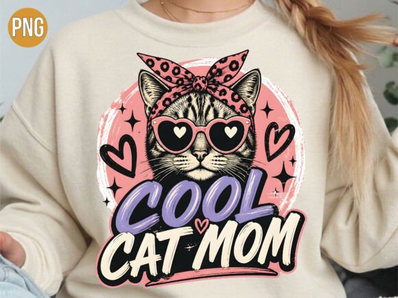 Download Cool Cat Mom Retro Style PNG T-Shirt - Retro style Collection